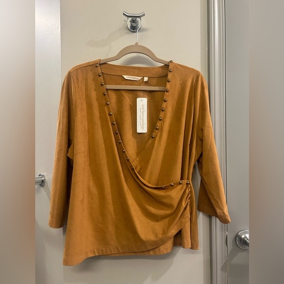 Soft Surroundings Faux Suede Wrap Top Women’s Large Brown Sugar - Picture 1 of 9